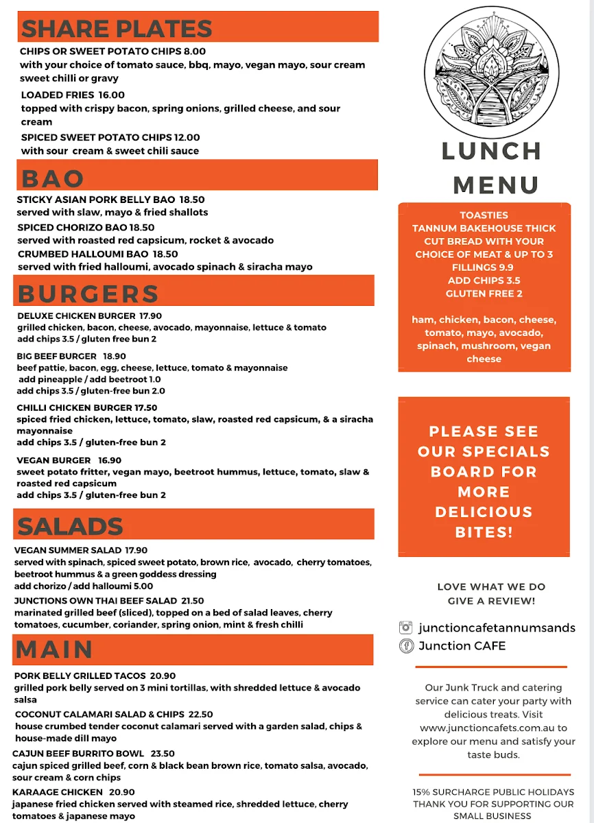 Menu, Junction cafe