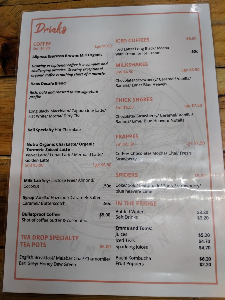 Menu, Junction cafe