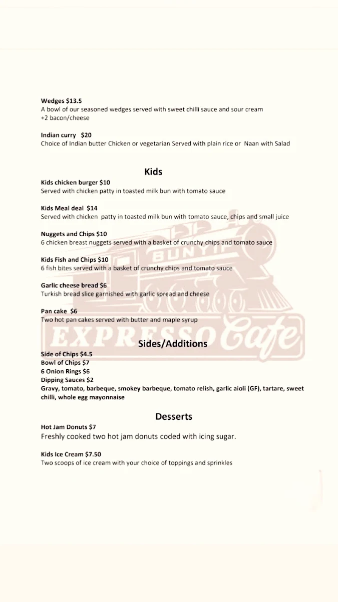 Menu, Bunyip Expresso Cafe