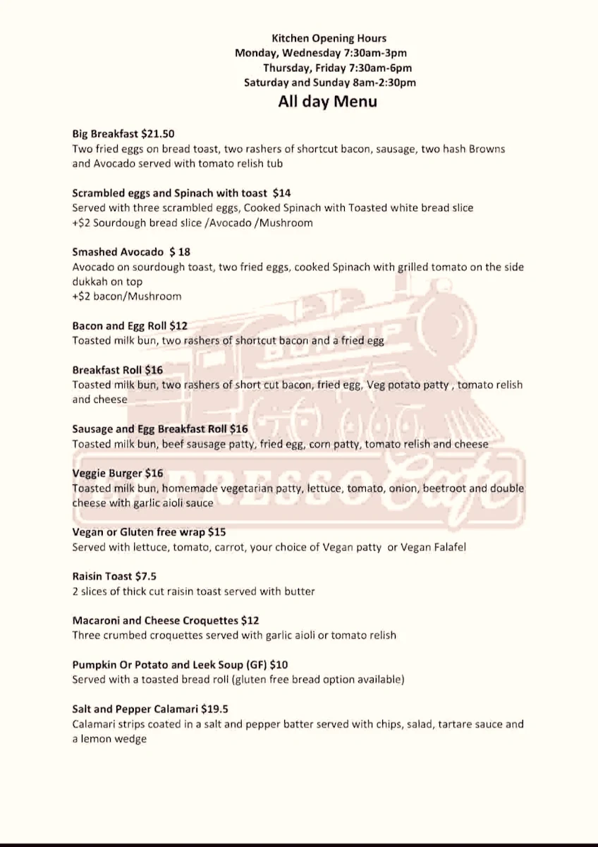 Menu, Bunyip Expresso Cafe