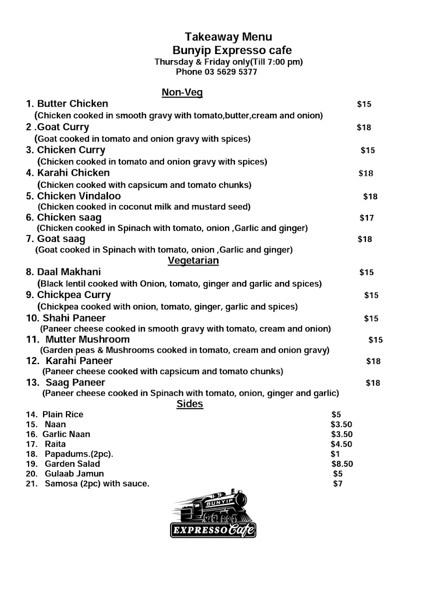 Menu, Bunyip Expresso Cafe