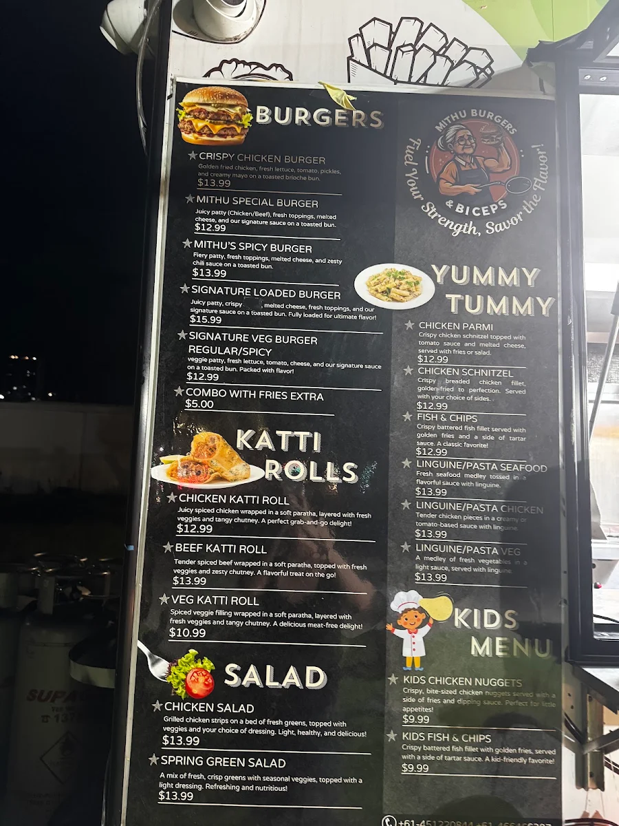 Menu, Mithu Burgers & Biceps