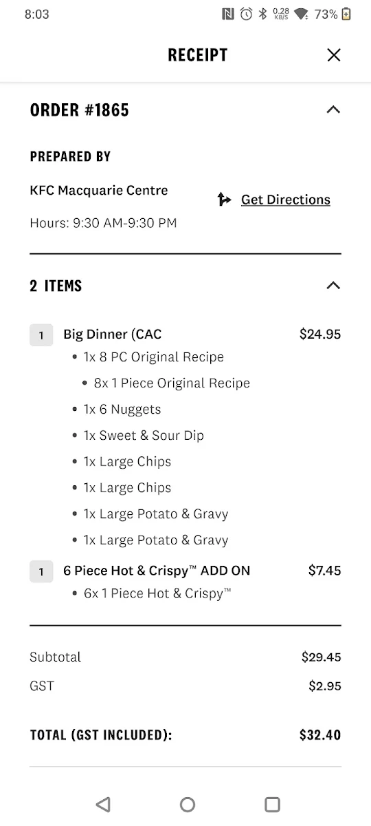 Menu, KFC Macquarie Centre