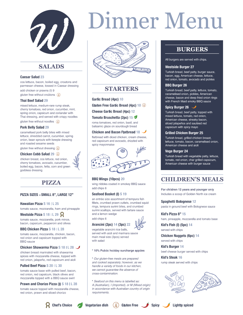 Menu, Westside Hotel