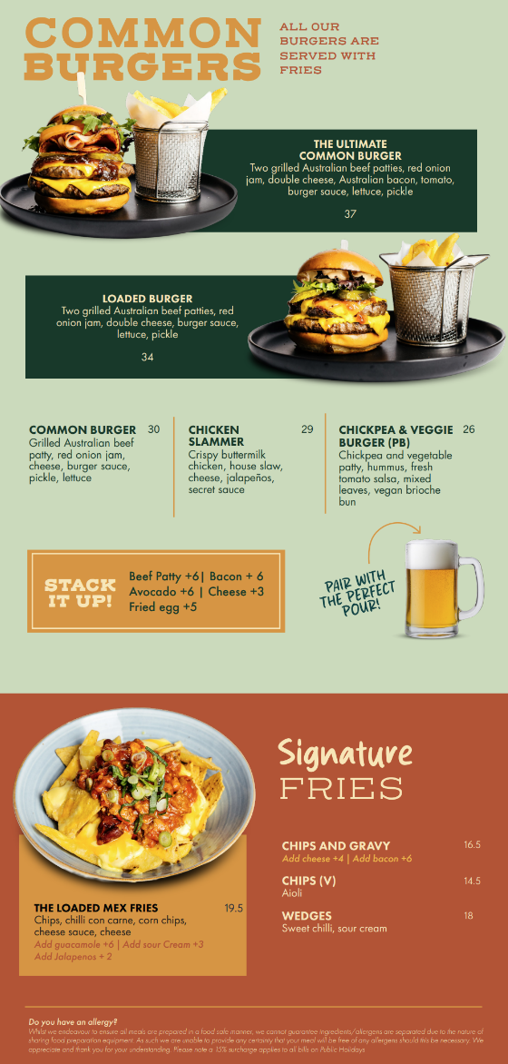 Menu, Common Bar + Kitchen