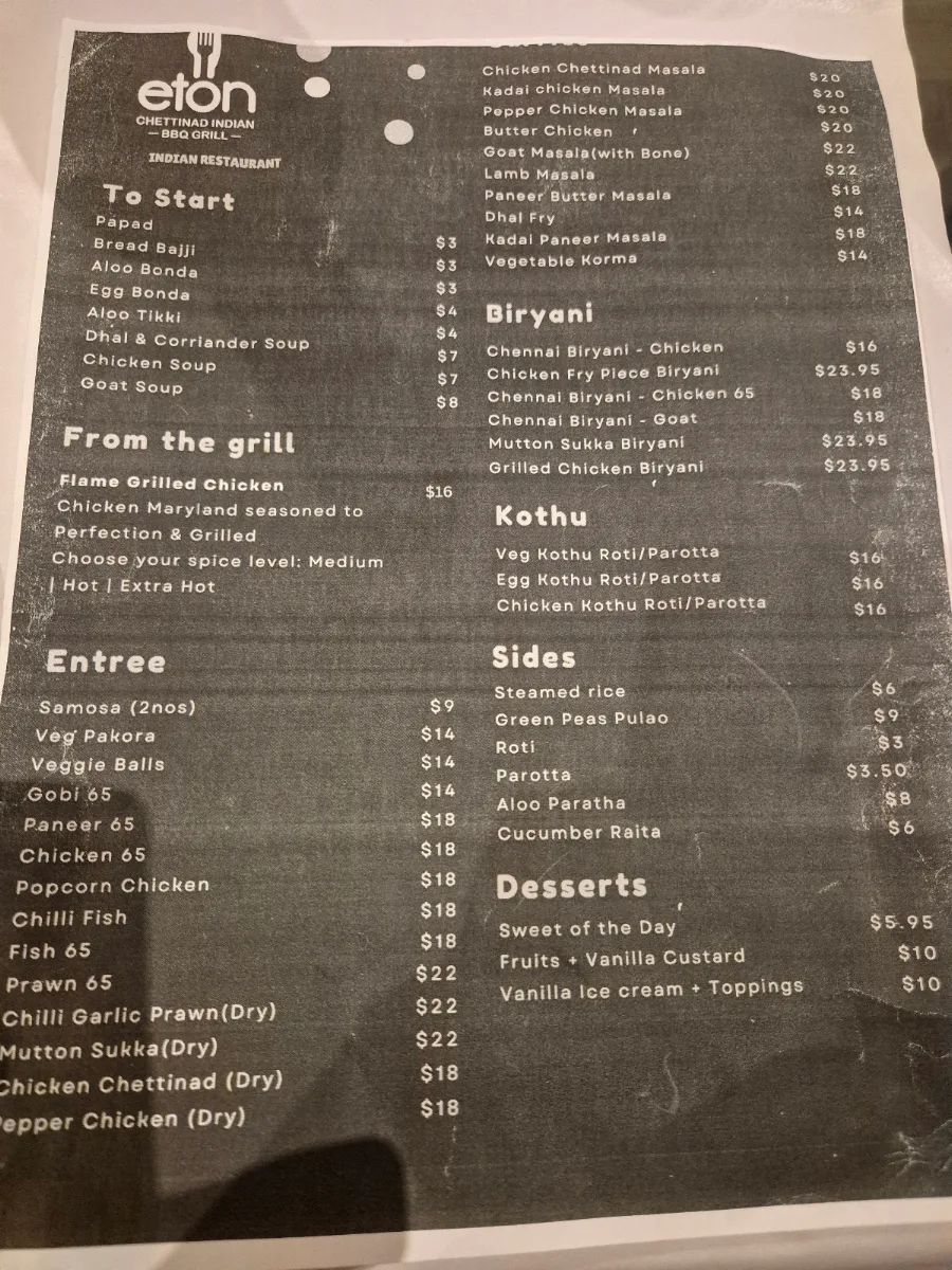 Menu, Eton Restaurant
