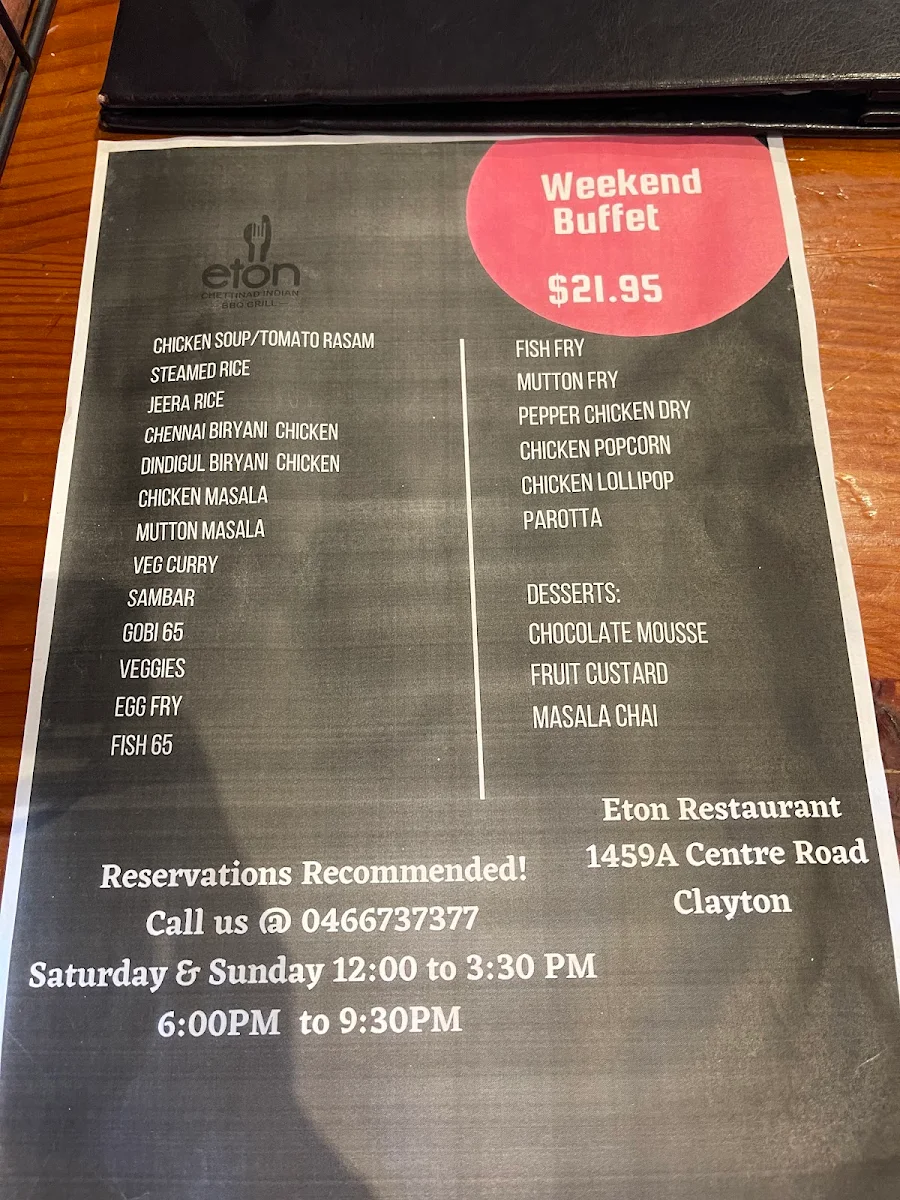 Menu, Eton Restaurant