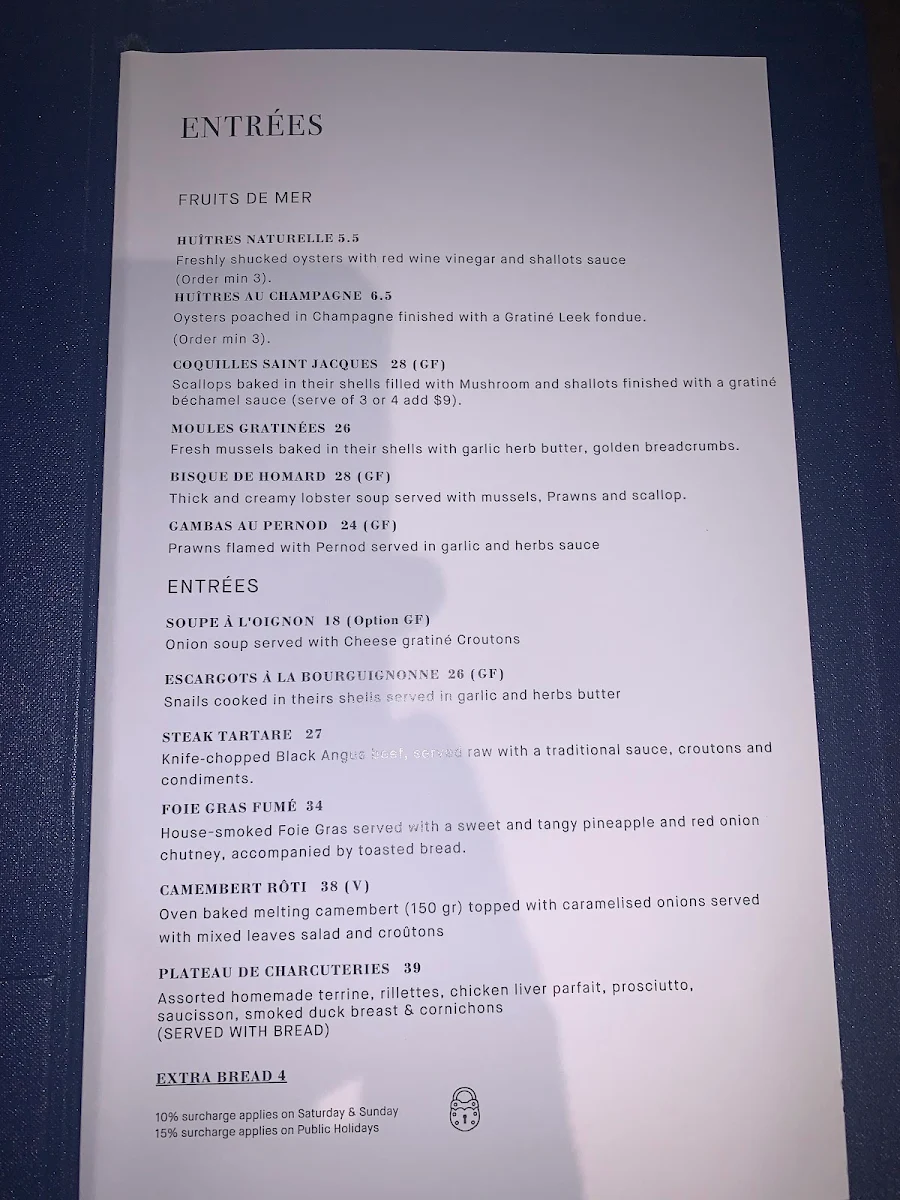 Menu, Chez Olivier Le Bistro