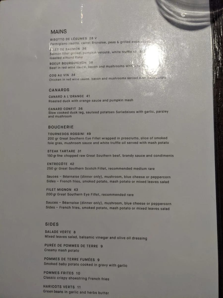 Menu, Chez Olivier Le Bistro