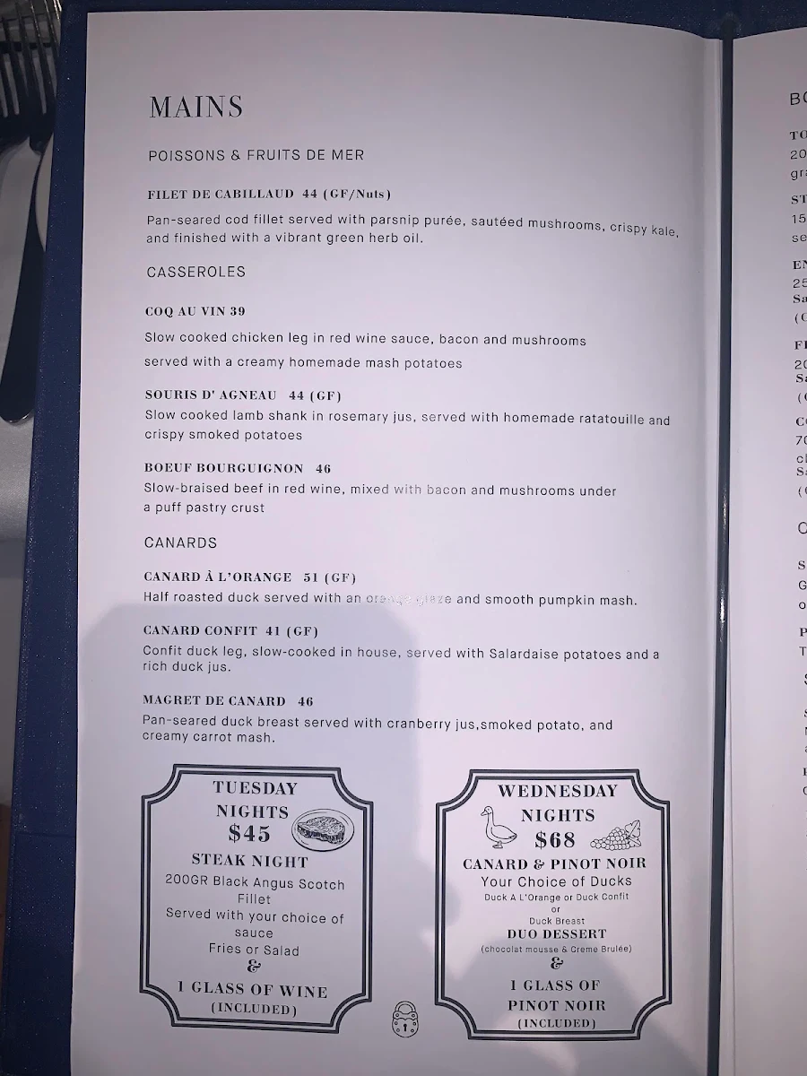 Menu, Chez Olivier Le Bistro