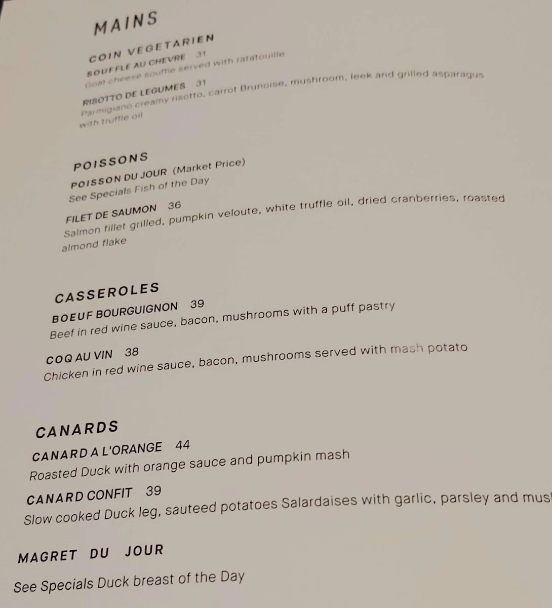 Menu, Chez Olivier Le Bistro