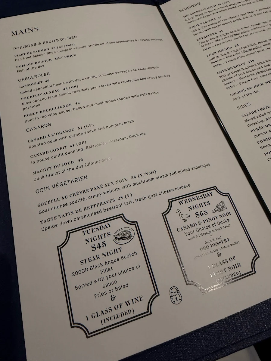 Menu, Chez Olivier Le Bistro