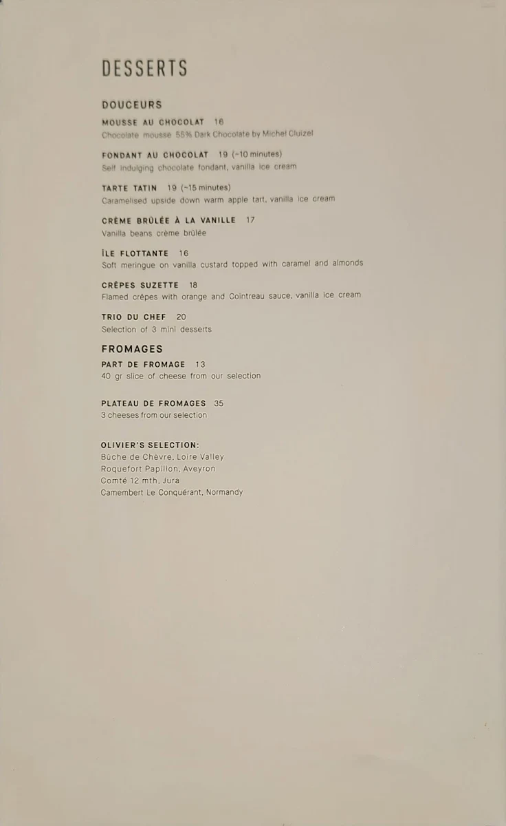 Menu, Chez Olivier Le Bistro