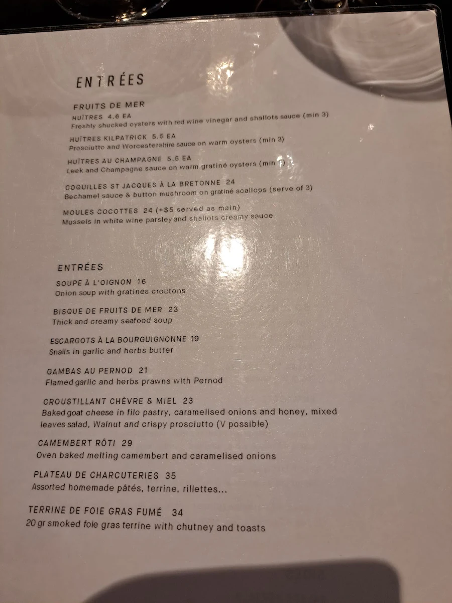 Menu, Chez Olivier Le Bistro