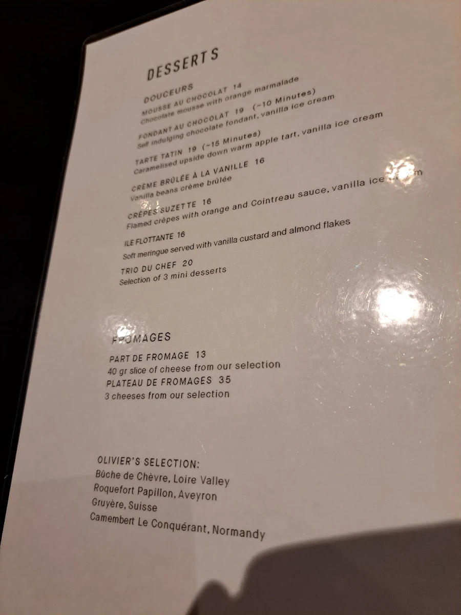 Menu, Chez Olivier Le Bistro