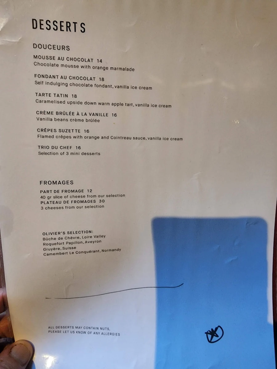 Menu, Chez Olivier Le Bistro