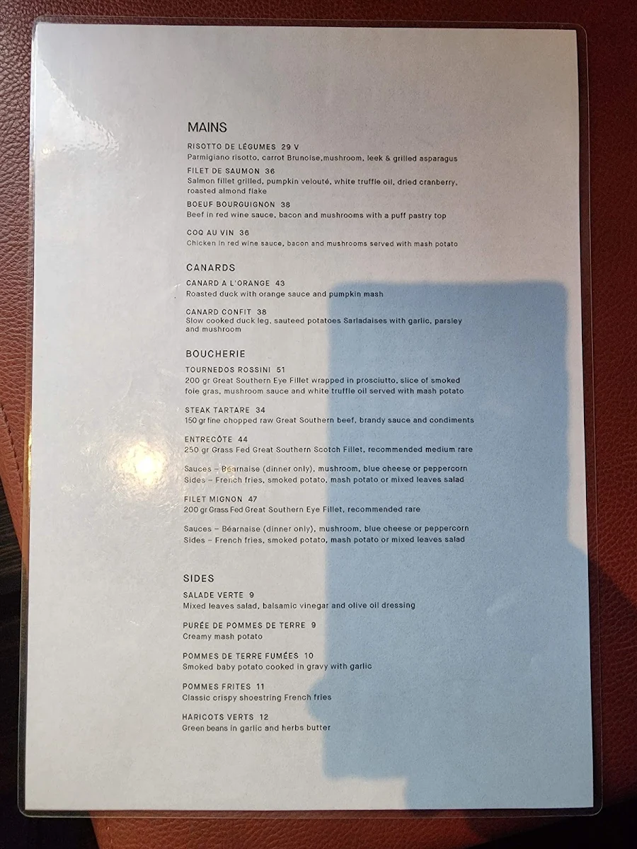Menu, Chez Olivier Le Bistro
