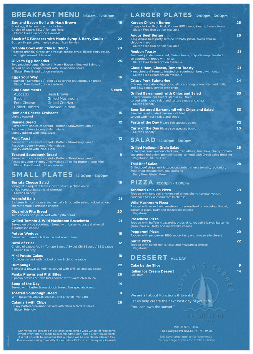 Menu, Oliver's Corner