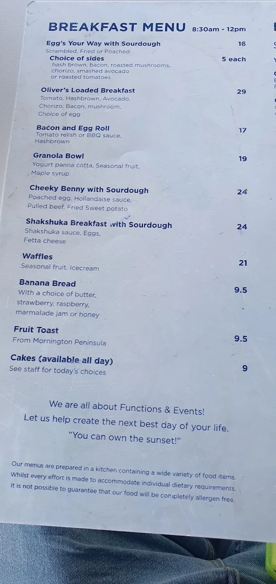 Menu, Oliver's Corner