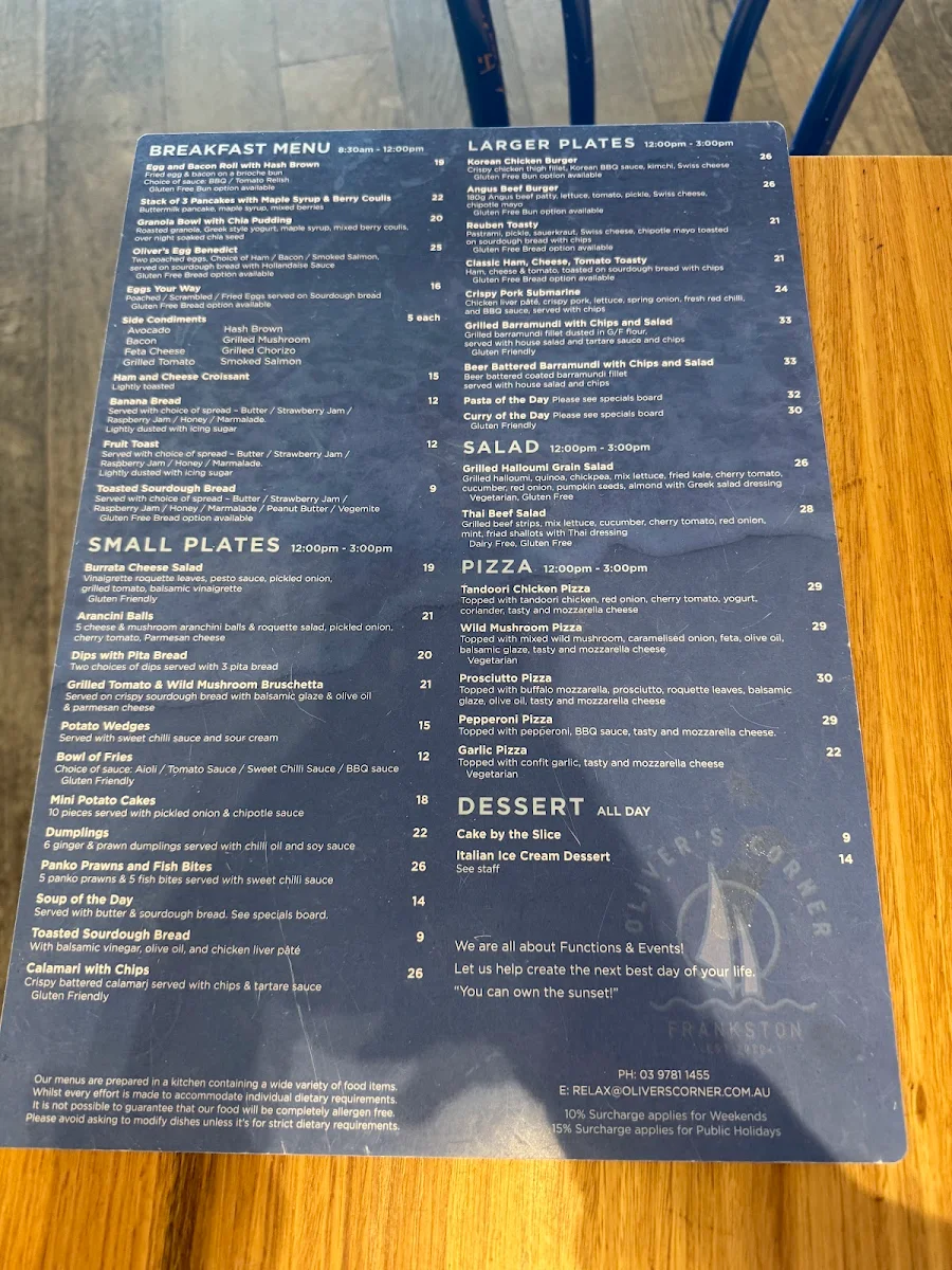 Menu, Oliver's Corner