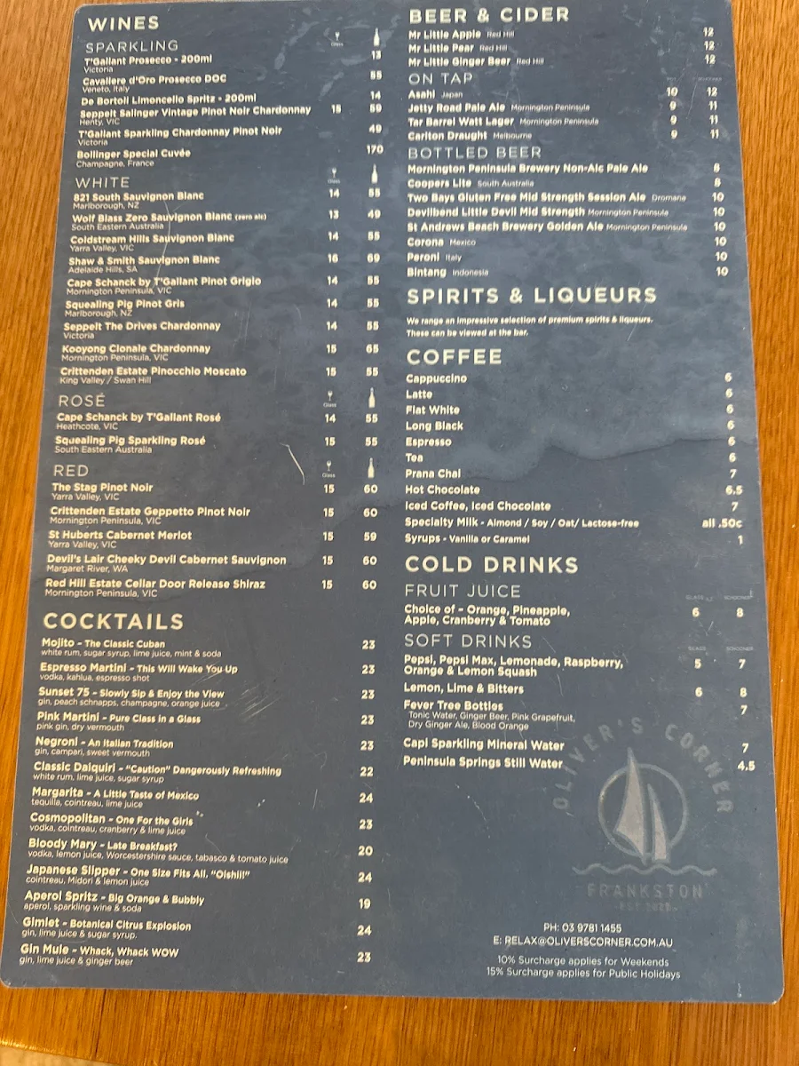 Menu, Oliver's Corner