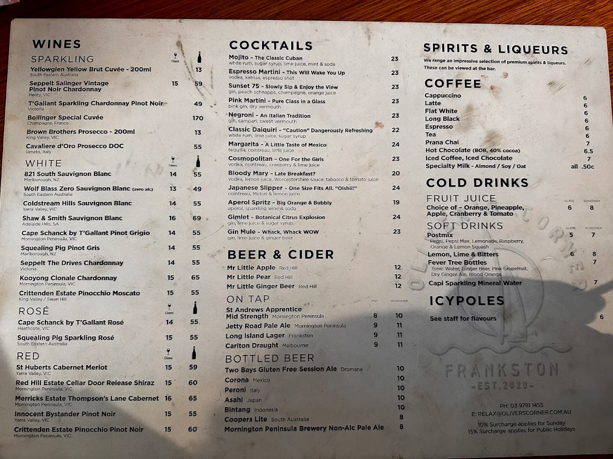 Menu, Oliver's Corner