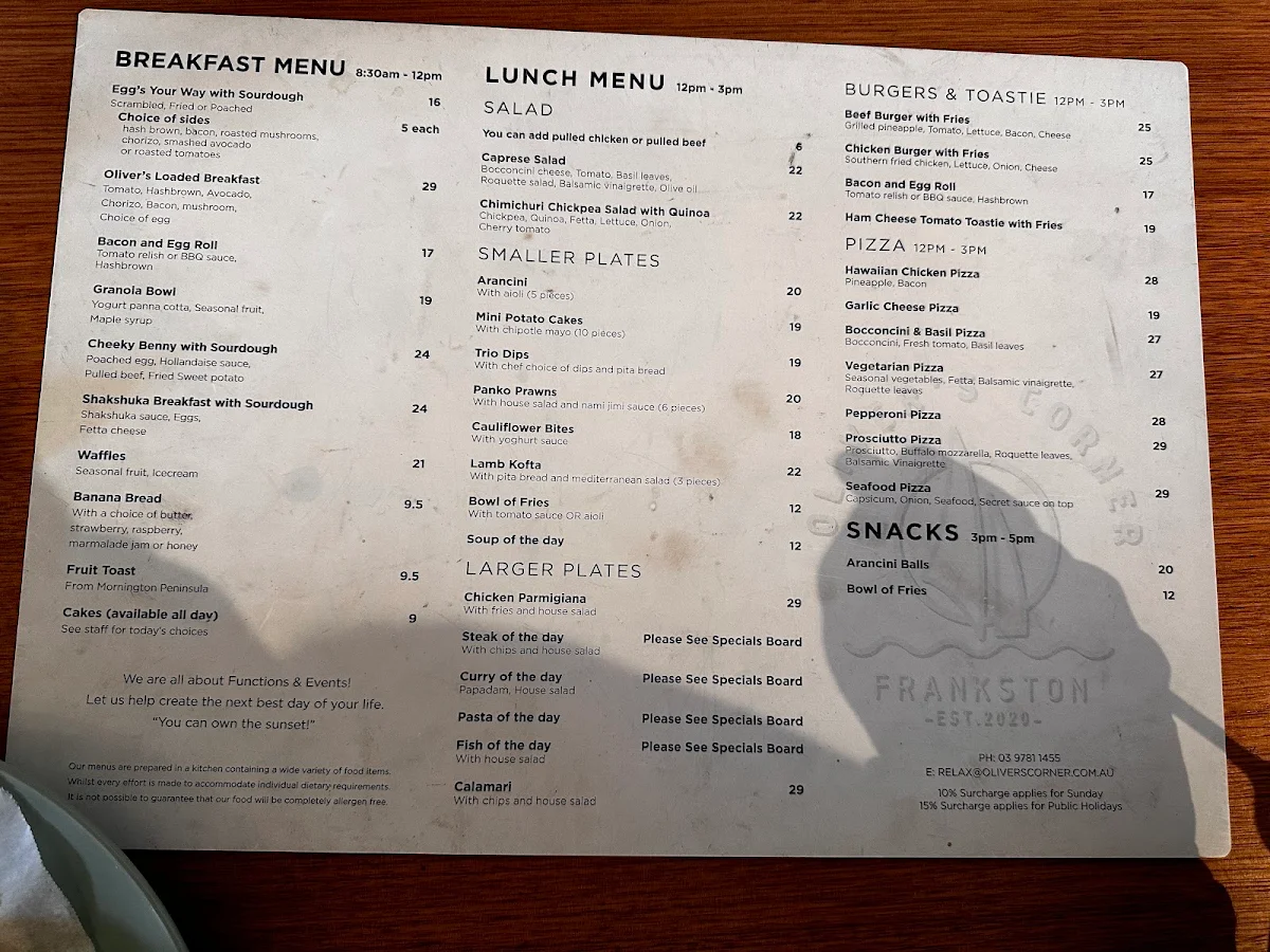Menu, Oliver's Corner