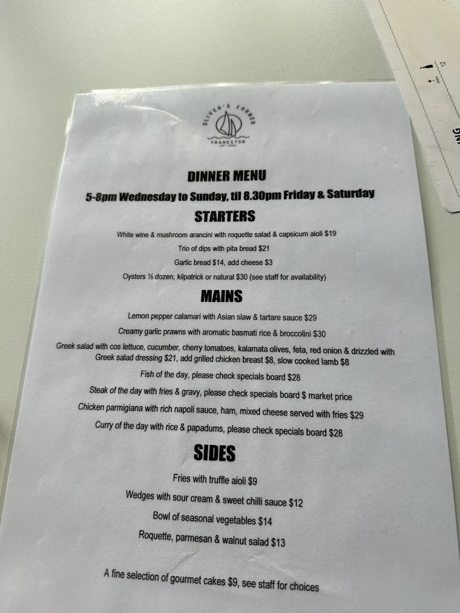 Menu, Oliver's Corner