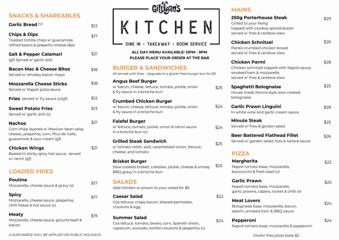 Menu, Gilligan's Hotel & Resort