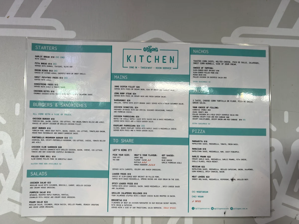 Menu, Gilligan's Hotel & Resort