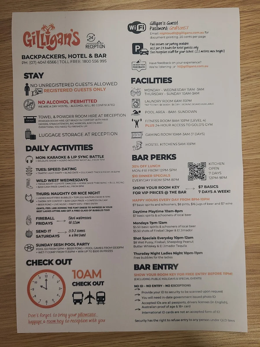 Menu, Gilligan's Hotel & Resort