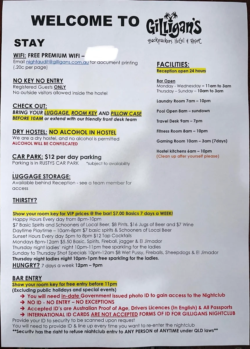 Menu, Gilligan's Hotel & Resort