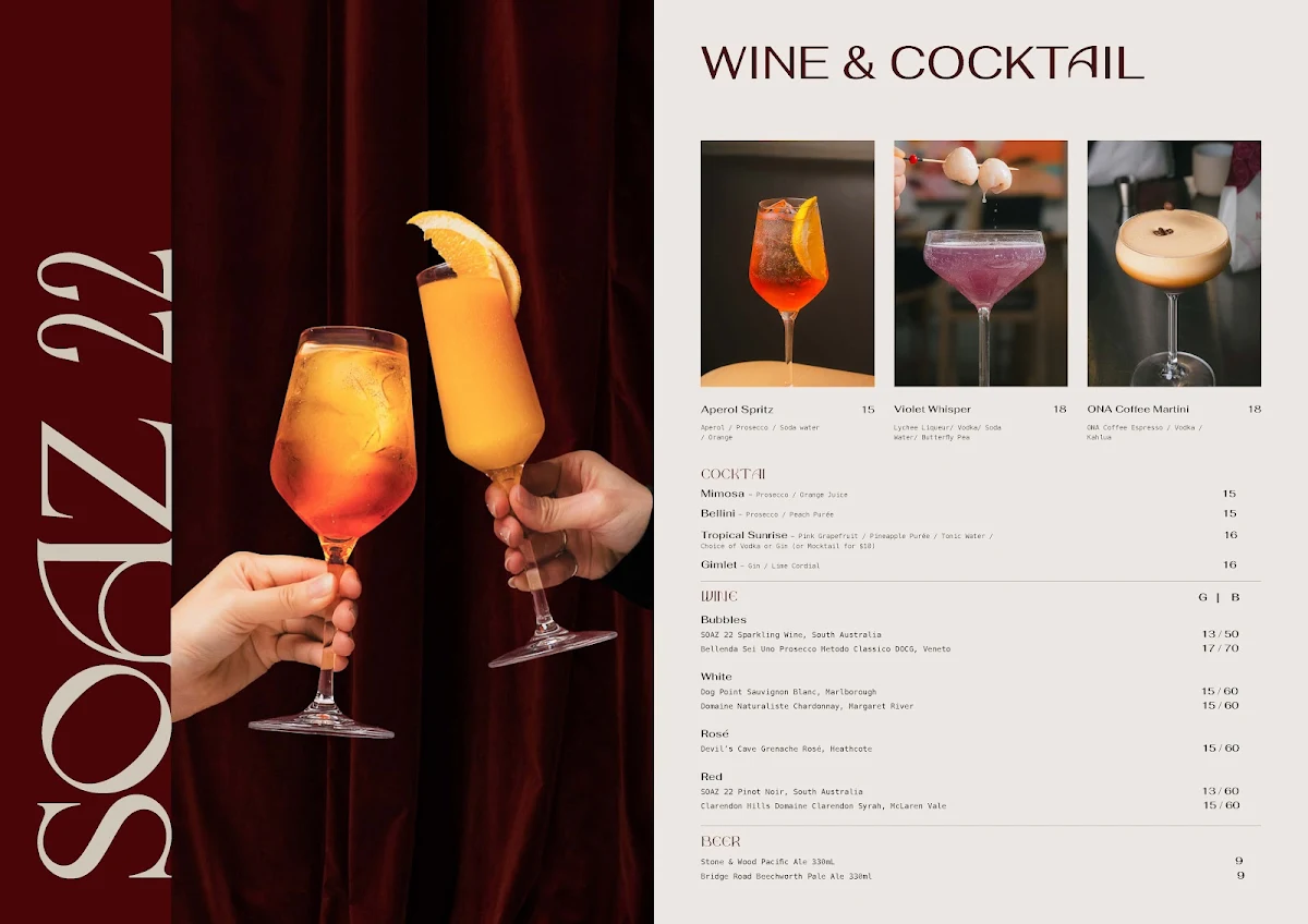 Menu, SOAZ 22 - Melbourne's Aesthetic Brunch Cafe