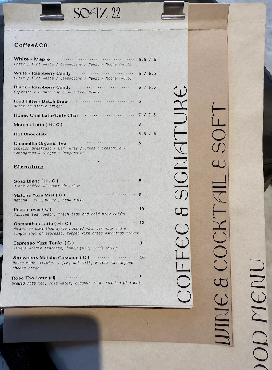 Menu, SOAZ 22 - Melbourne's Aesthetic Brunch Cafe