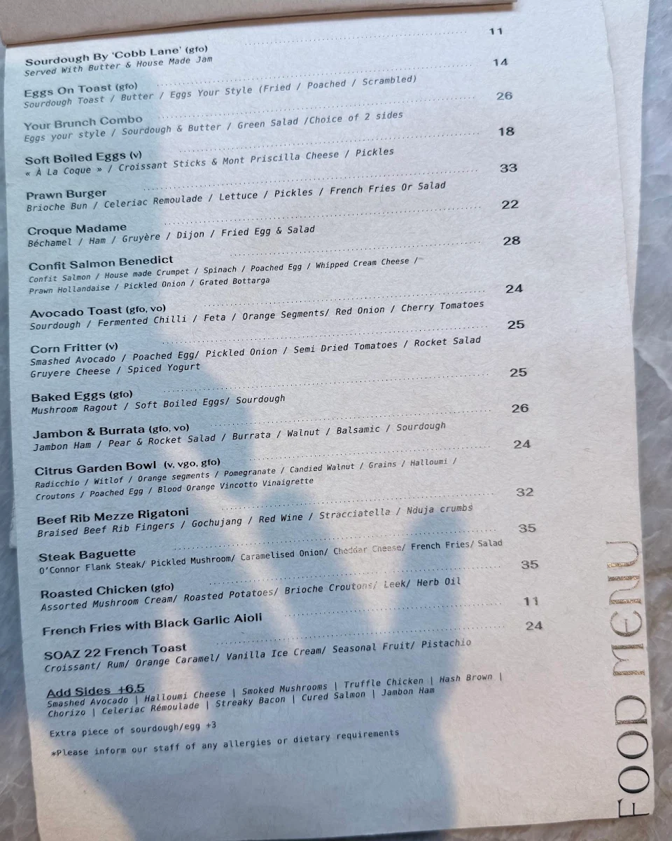 Menu, SOAZ 22 - Melbourne's Aesthetic Brunch Cafe