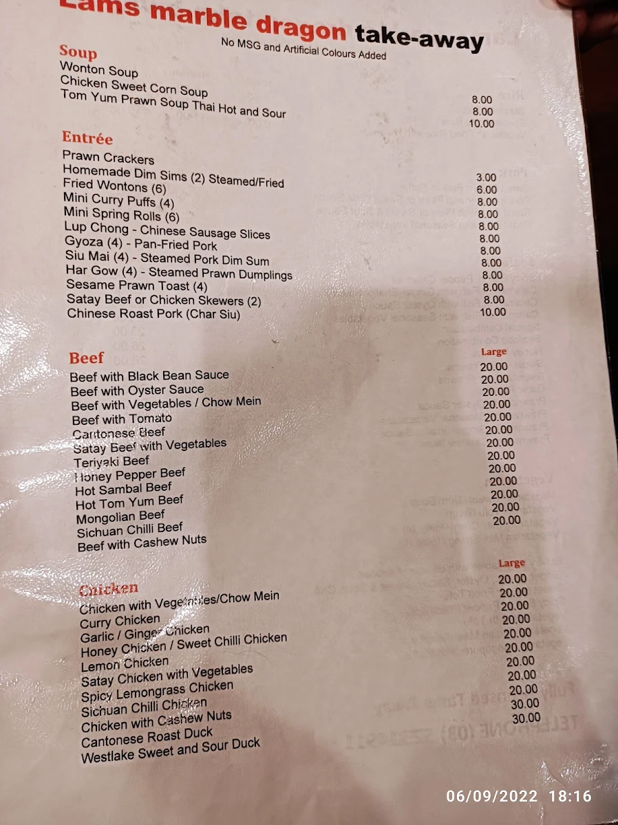 Menu, Lam's Marble Dragon Restaurant