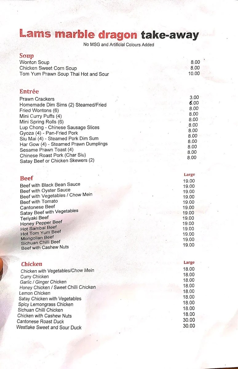 Menu, Lam's Marble Dragon Restaurant