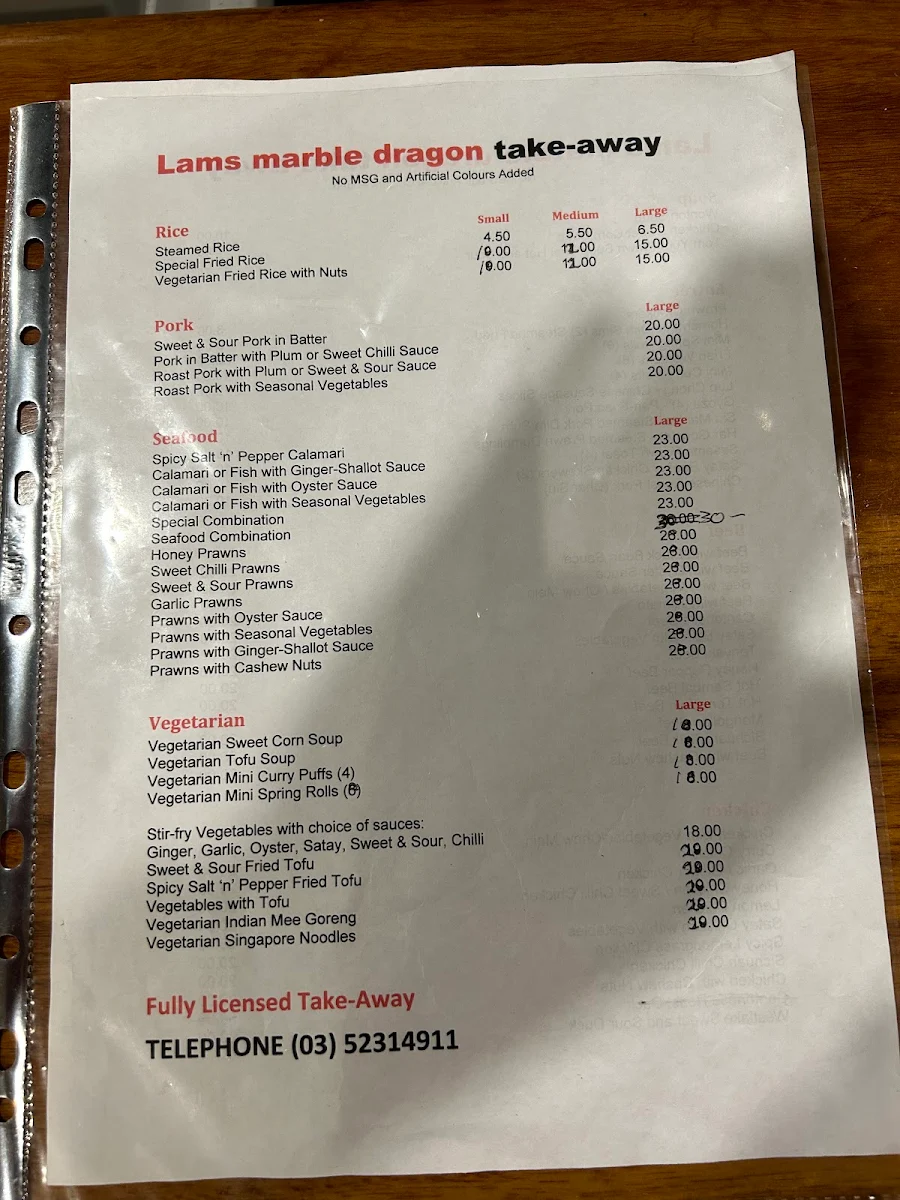 Menu, Lam's Marble Dragon Restaurant