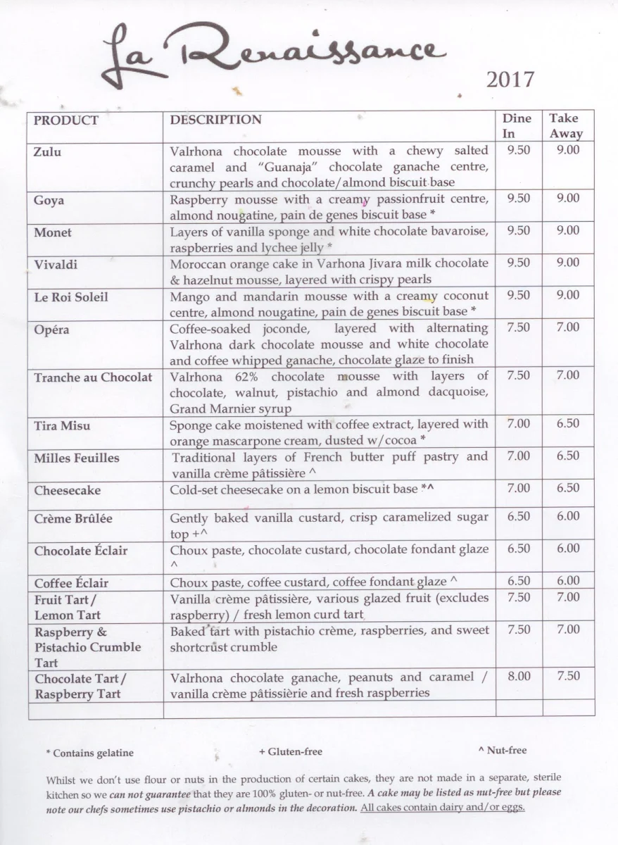 Menu, La Renaissance Patisserie and Cafe