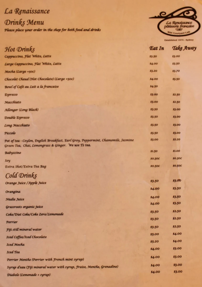 Menu, La Renaissance Patisserie and Cafe