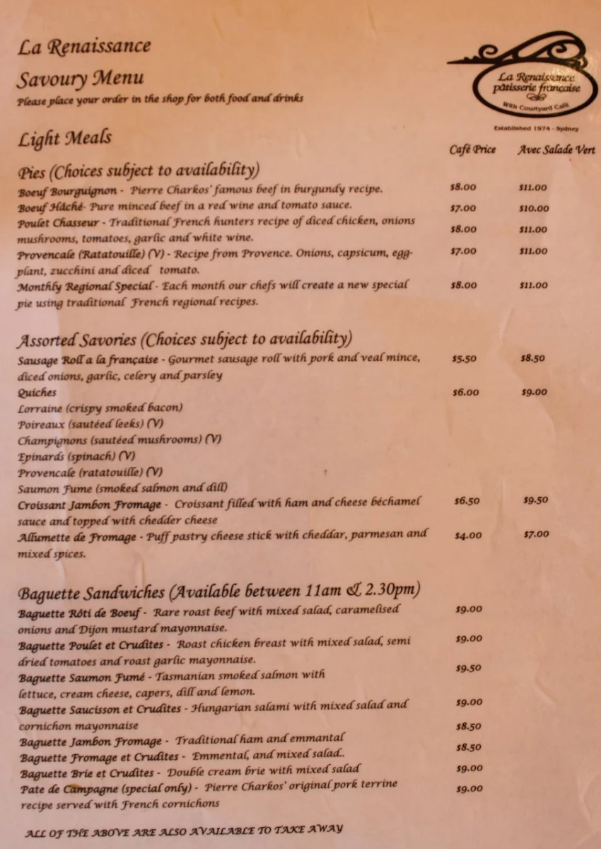 Menu, La Renaissance Patisserie and Cafe