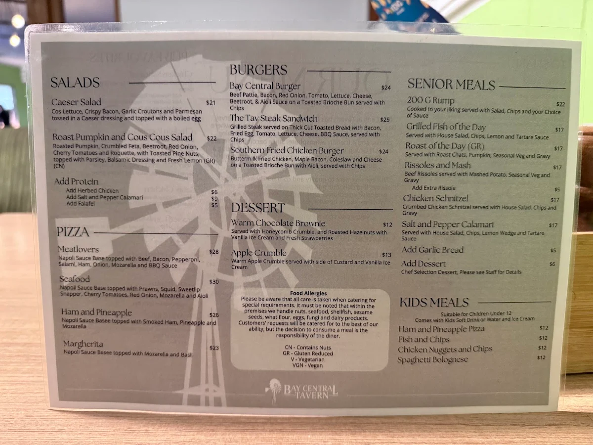 Menu, Bay Central Tavern