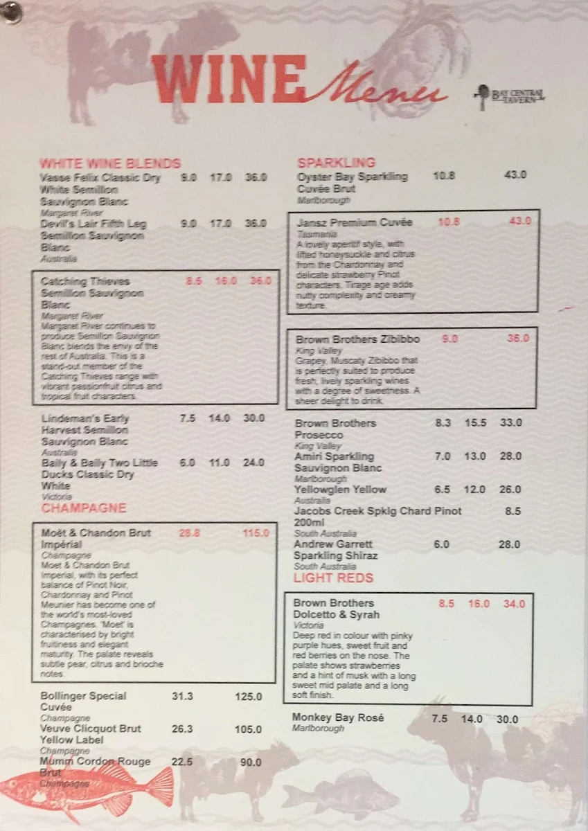 Menu, Bay Central Tavern