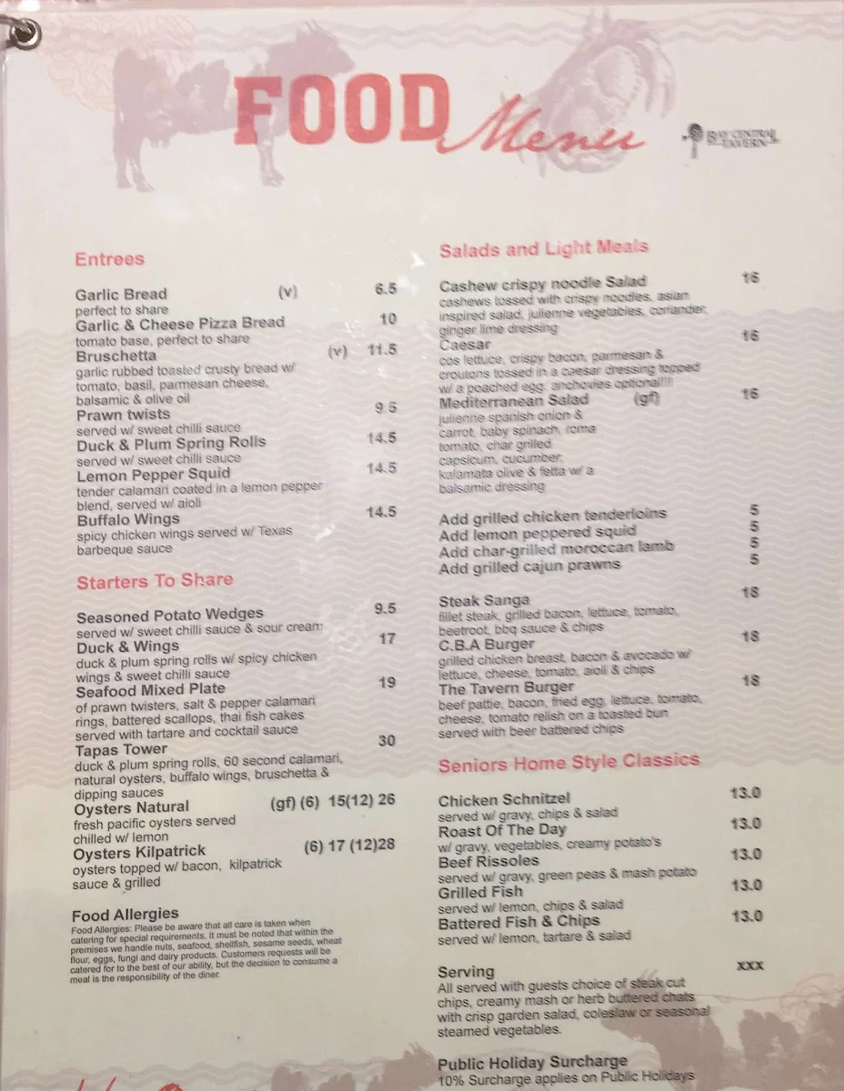 Menu, Bay Central Tavern