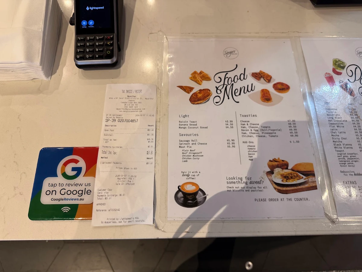 Menu, Sergio's Cake Shop