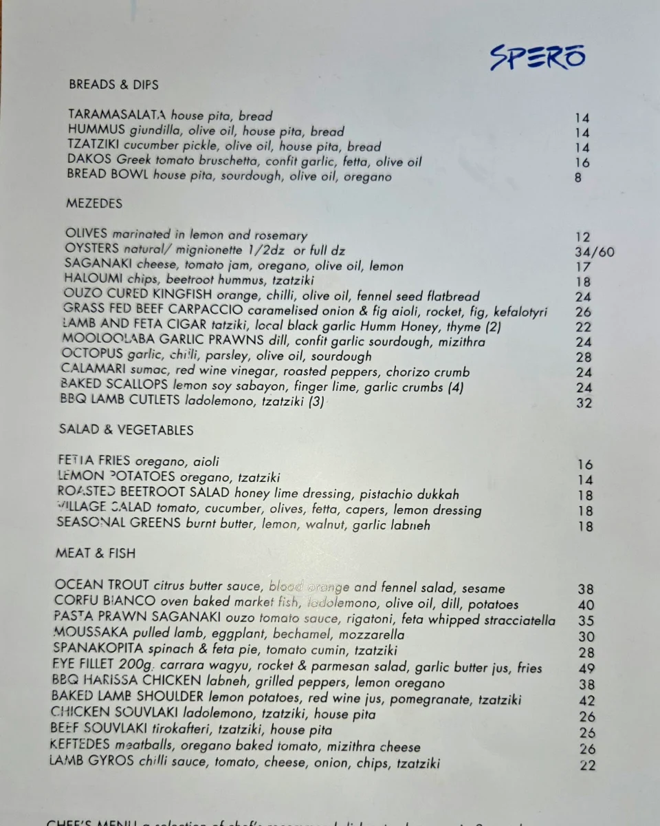 Menu, Spero