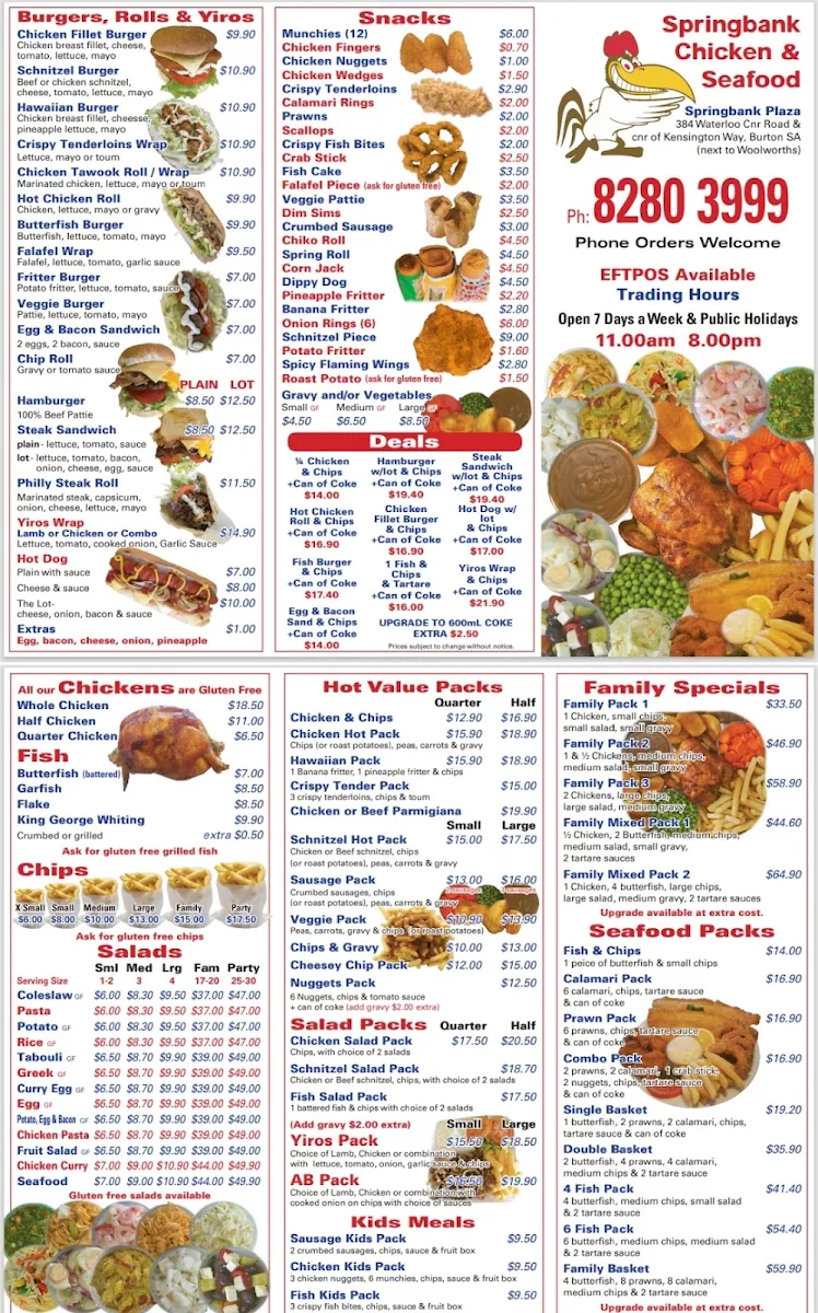 Menu, Springbank Chicken & Seafood