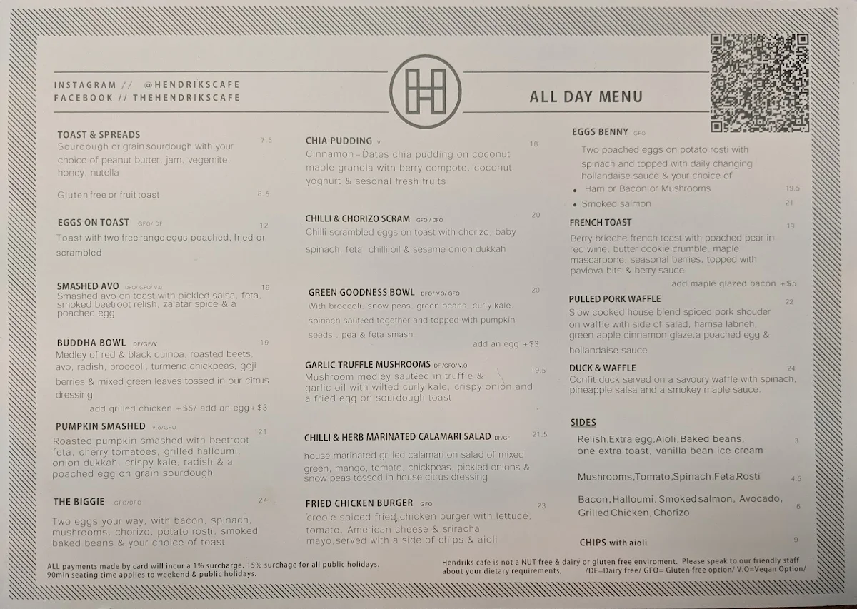Menu, Hendriks Cafe