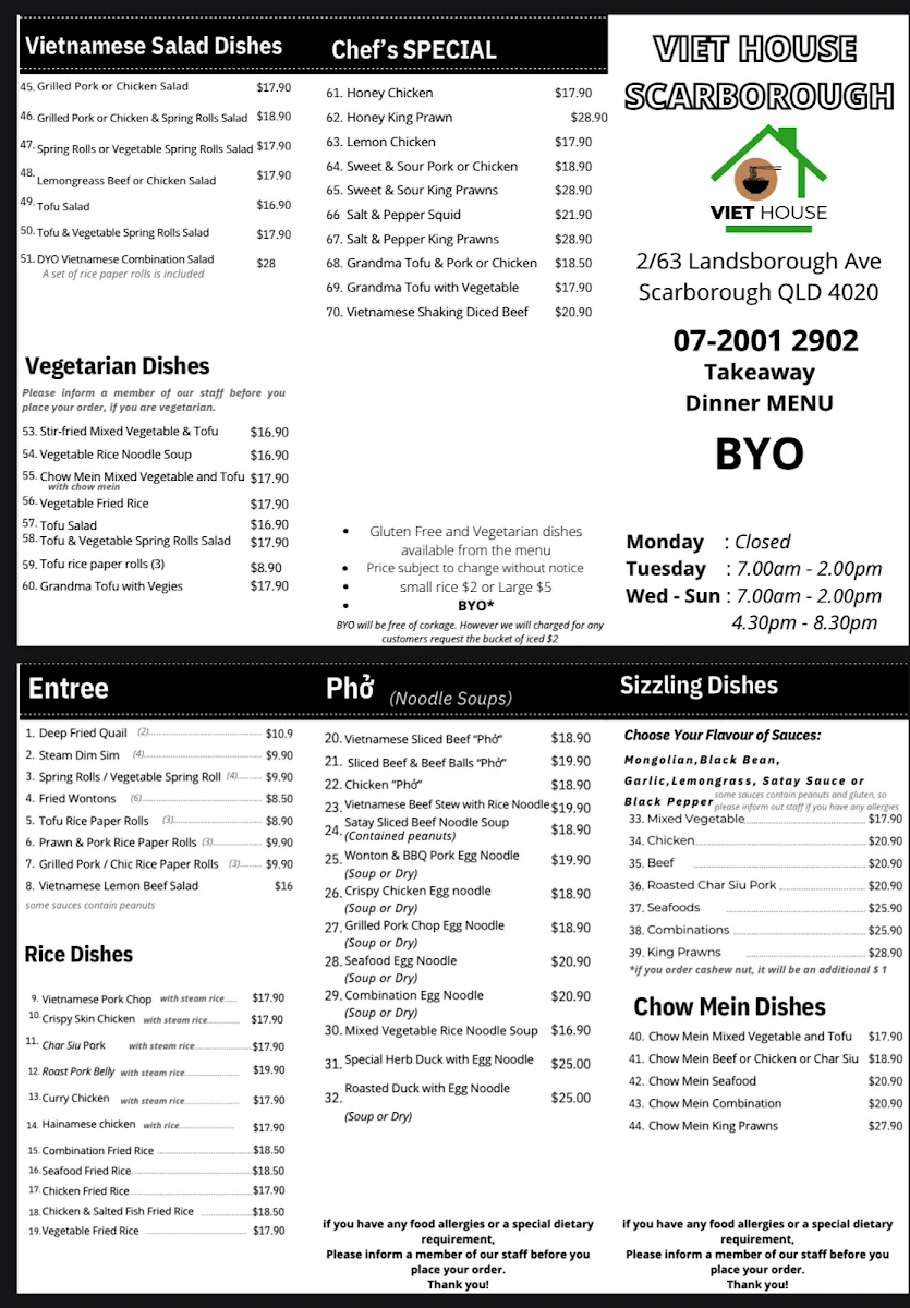 Menu, Viet House Restaurant