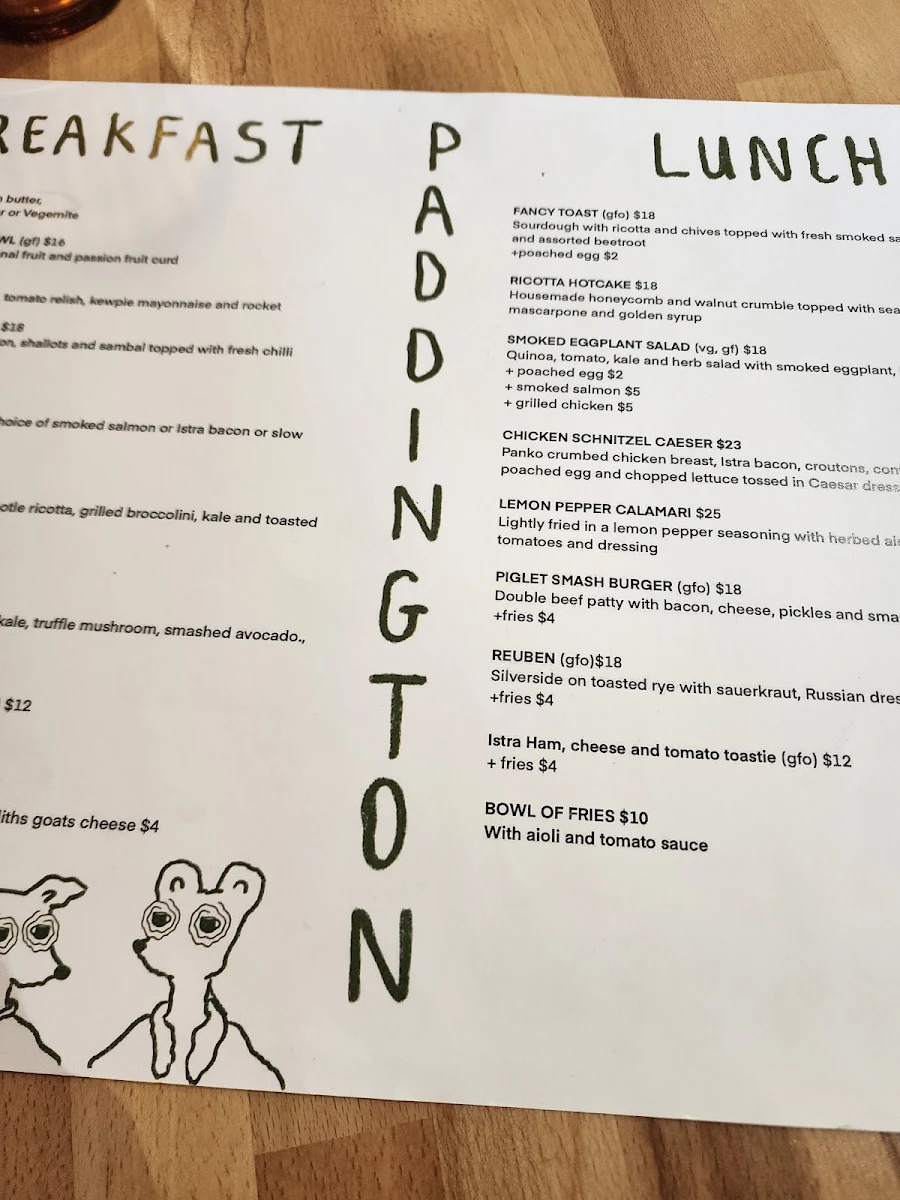 Menu, Paddington Cafe